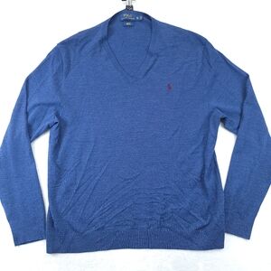 Ralph Lauren POLO Sweater Italian Yarn Men's MEDIUM M Blue Knit V-NECK